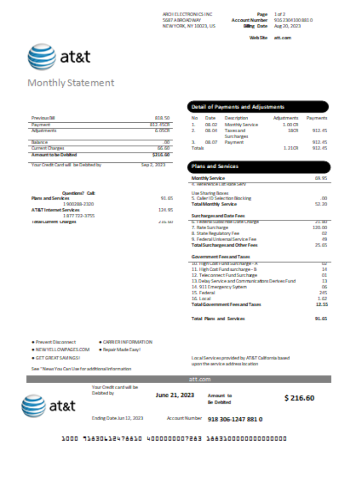 Download Texas AT&T telecommunications utility business bill,  page 1, SCR Photoshop template